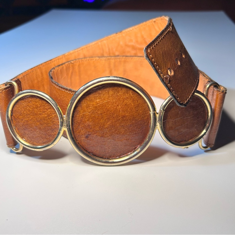 Vintage Suela Luppi Argentina Leather Triple Circle Belt, Cognac. Y2K Size S. - Picture 2 of 13